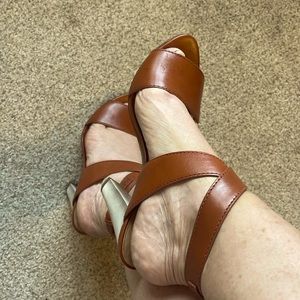 Banana Republic, brown leather sandals, 4 inch heel, in great condition.